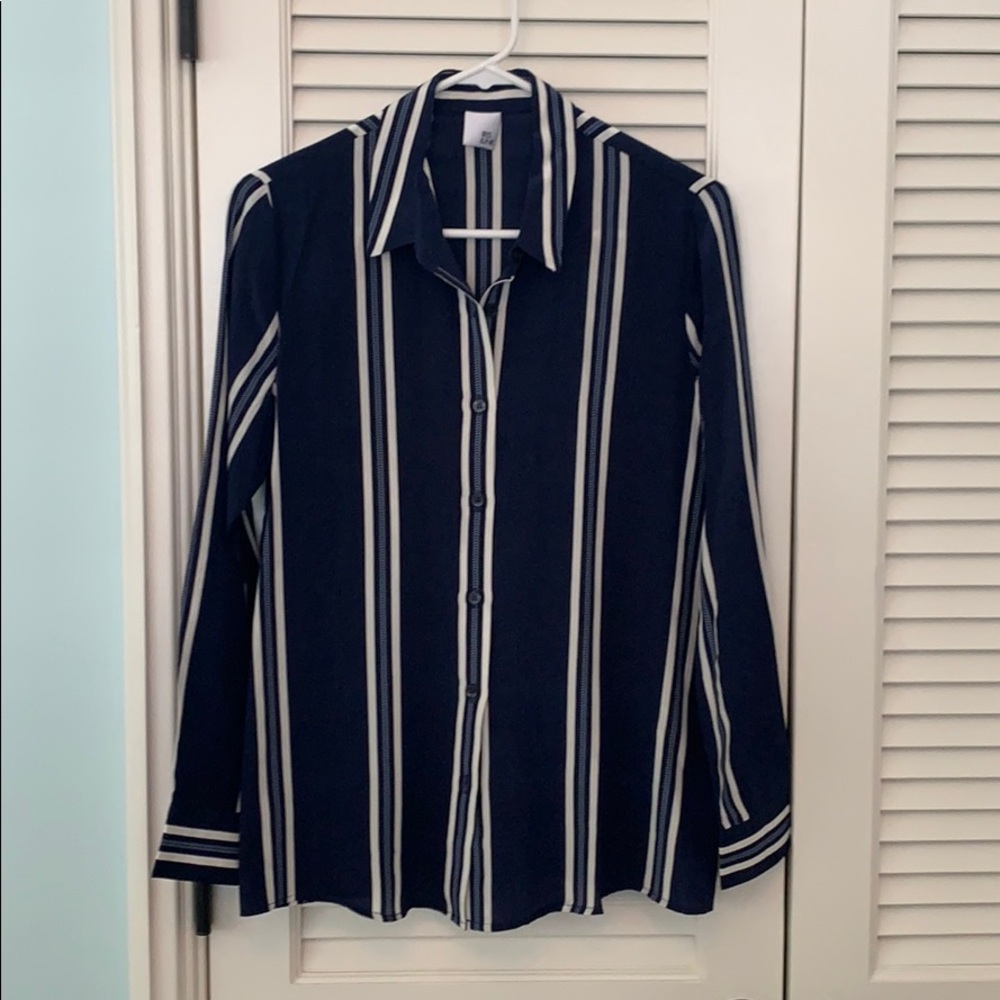 Navy button down shirt with white stripe detail